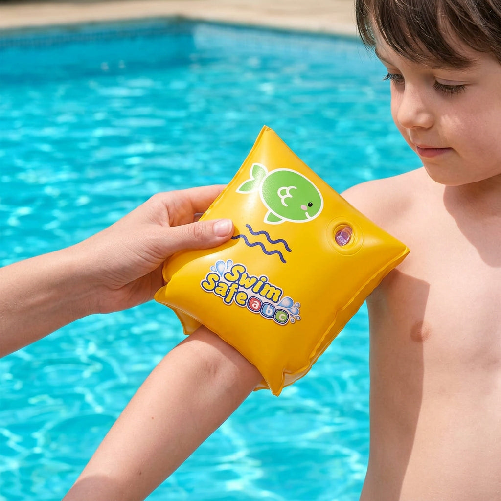 Fitting Bestway yellow swim armband on child arm by pool