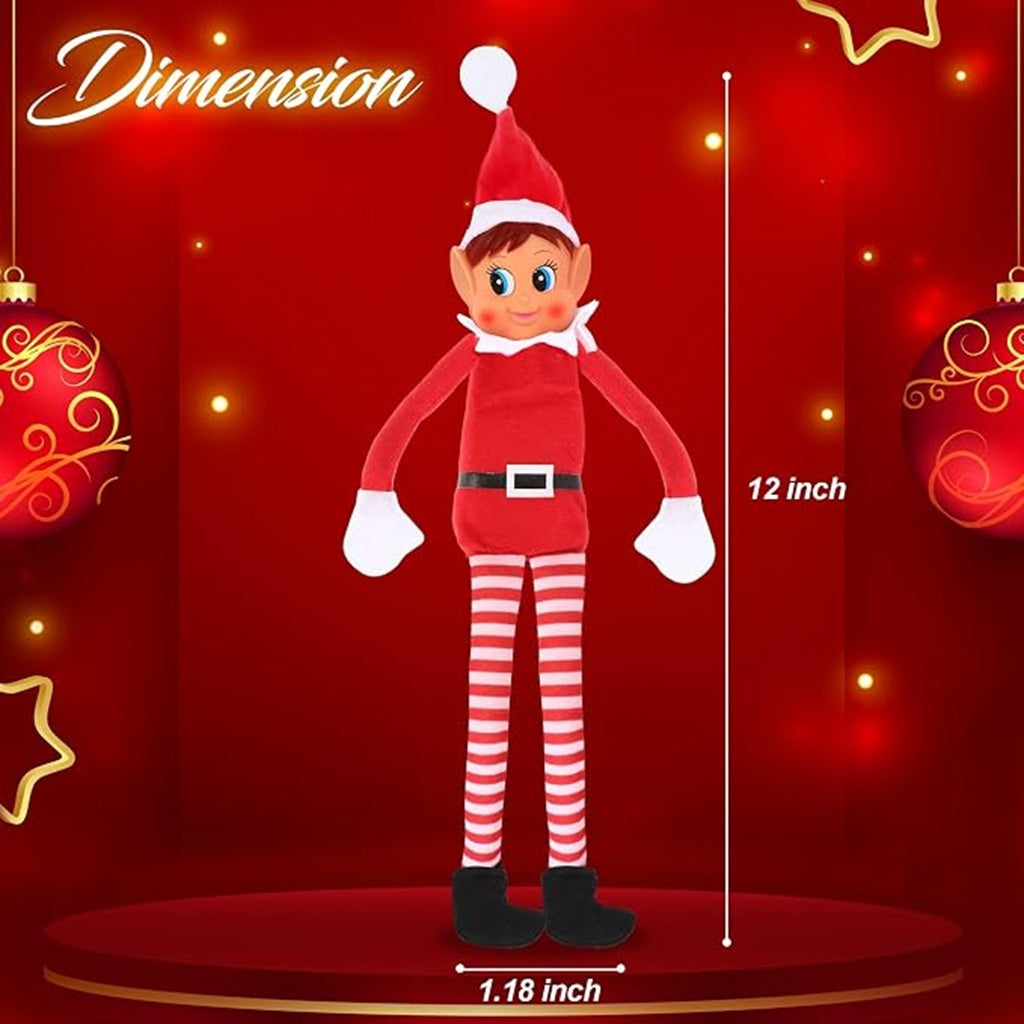 Vinyl face Naughty Elf Girl 12 inch holiday display doll standing on red pedestal