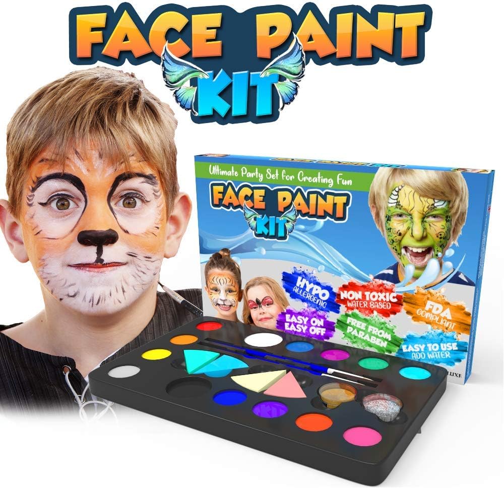 Kids face paint party palette box with sponges and application brushes