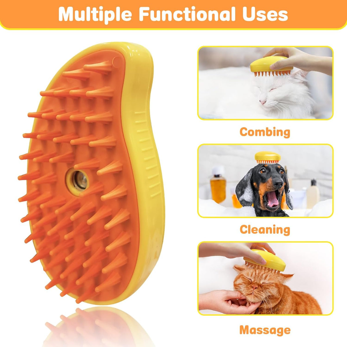 Steam pet brush silicone massage bristles and grooming applications