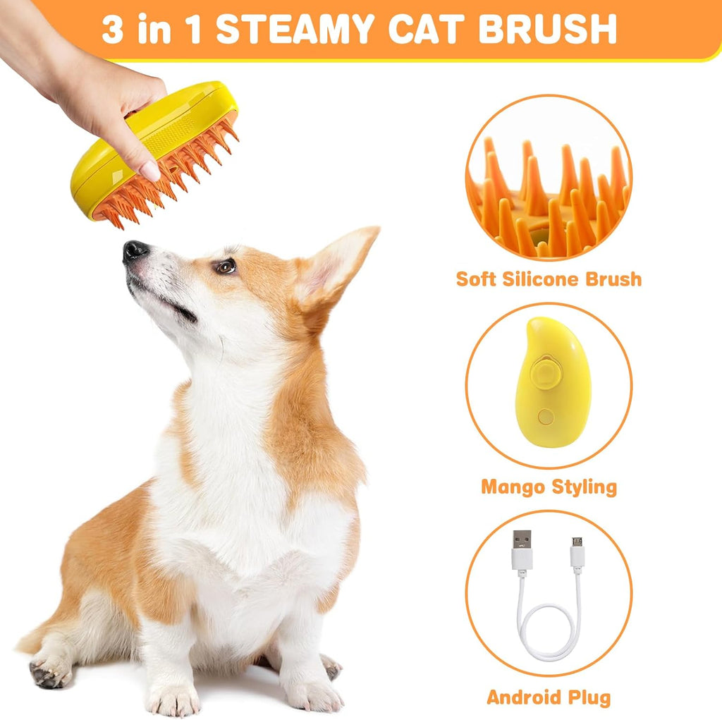 Handheld 3-in-1 rechargeable steamy pet brush with silicone bristles