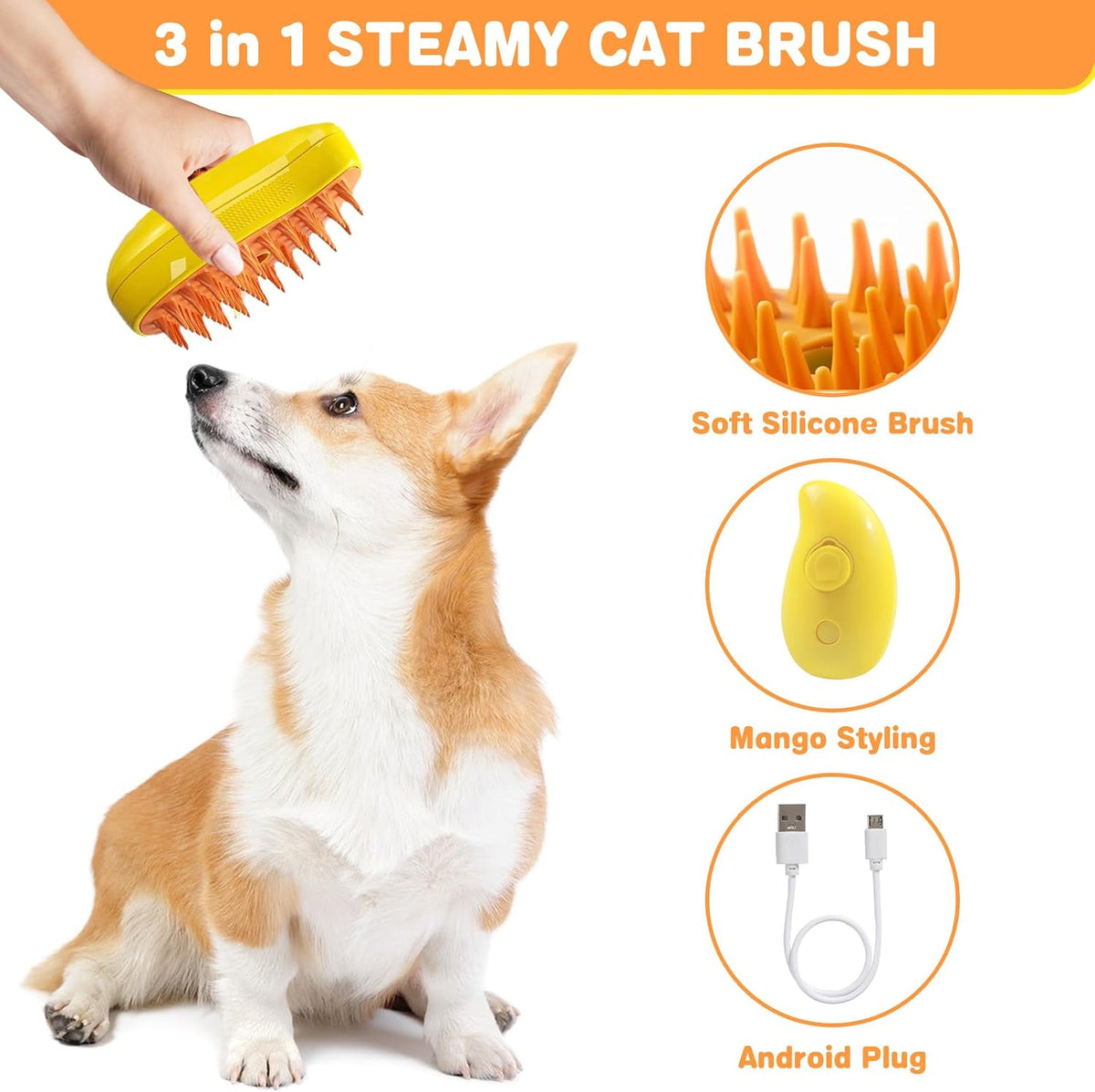 Handheld 3-in-1 rechargeable steamy pet brush with silicone bristles