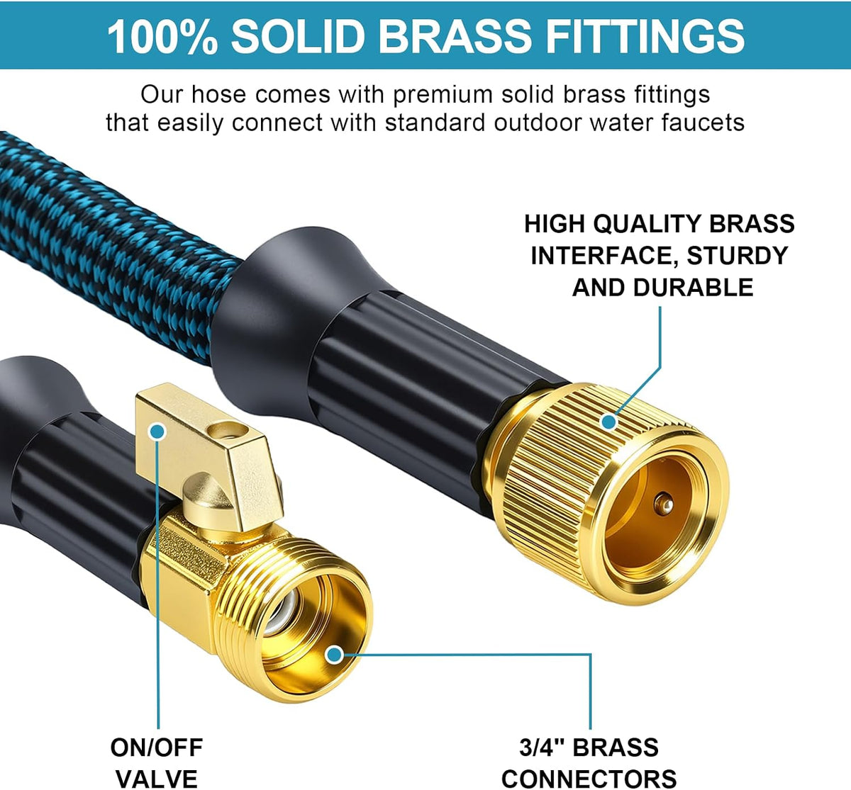 Expandable Garden Hose solid brass 3/4 inch connector with integrated on-off shut-off valve
