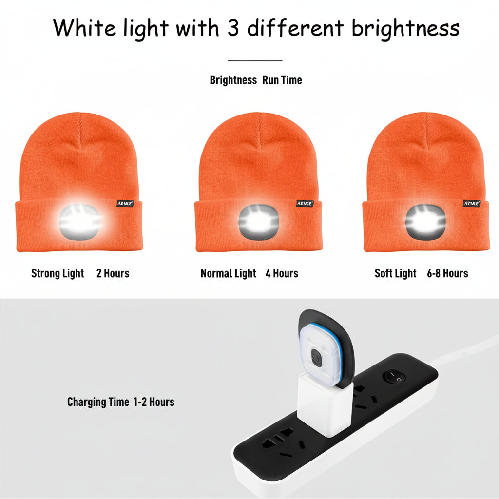 Warm LED lighted beanie cap brightness modes and USB charging guide
