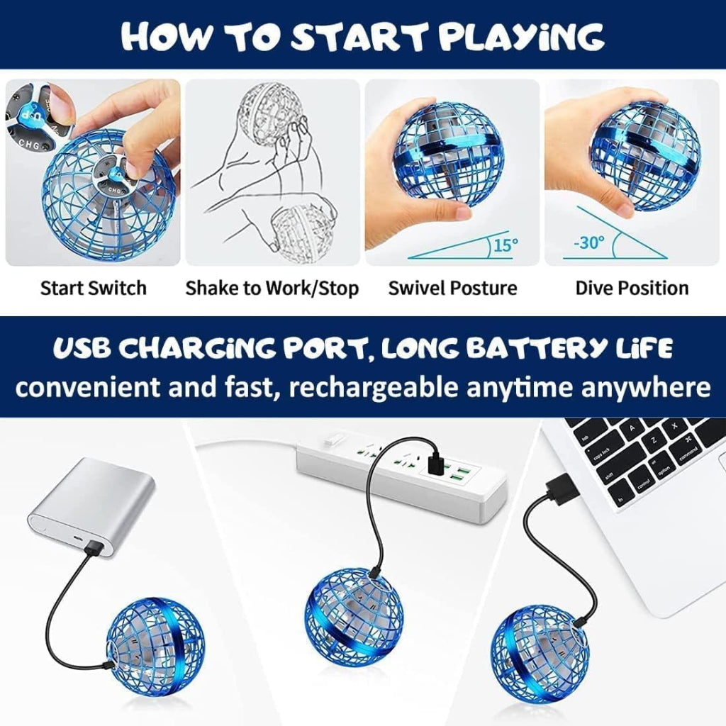 Floating Orb Ball blue model with USB charging cable and usage guide