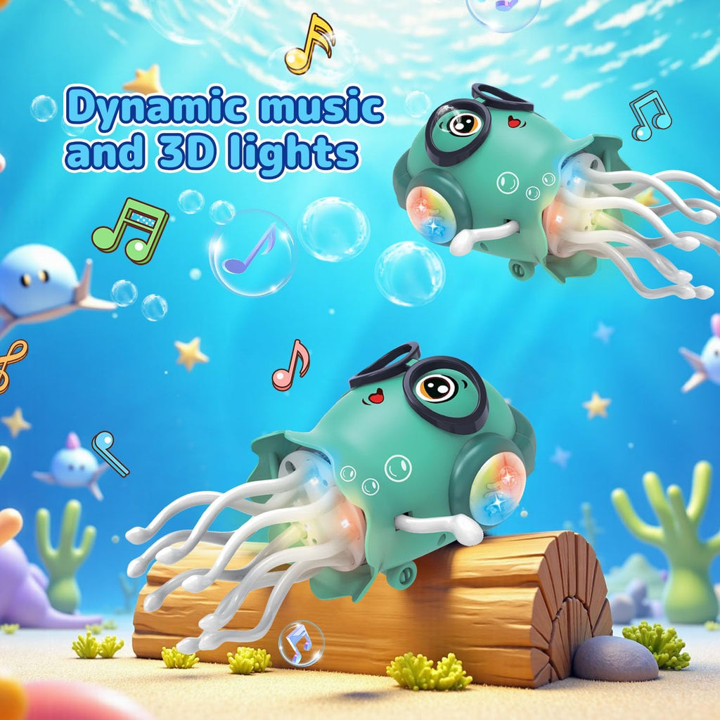 Teal Dancing Jellyfish musical toy with glowing LED side pods and tentacles