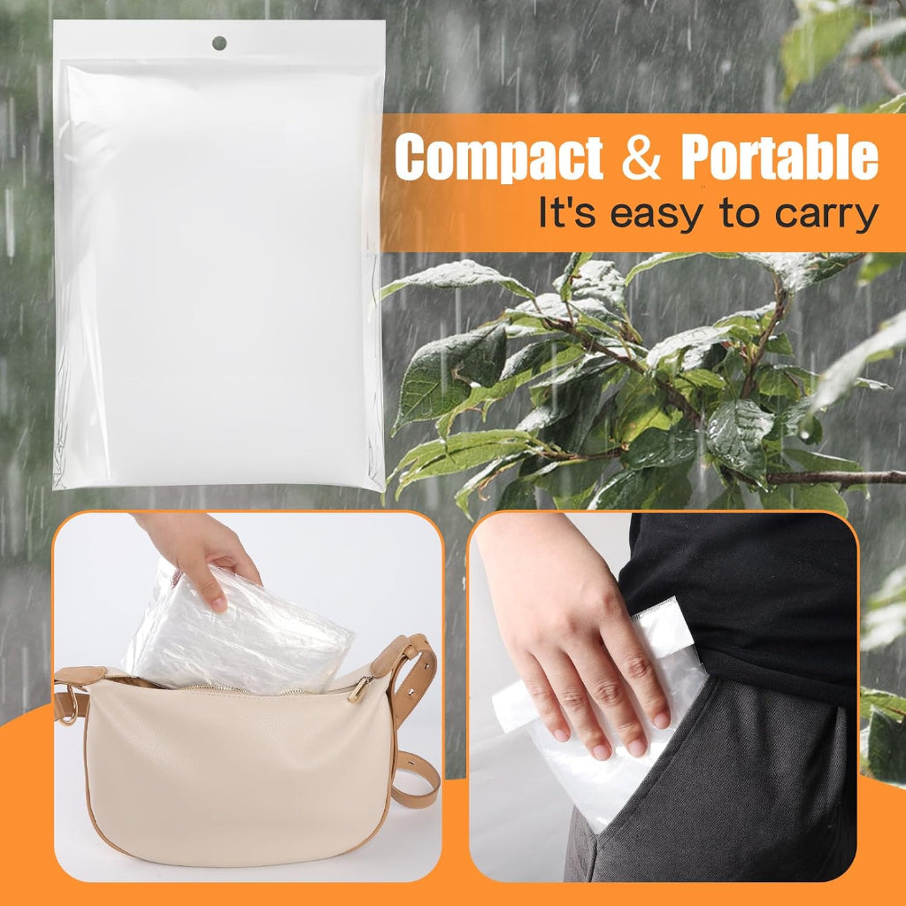 Compact individually packaged disposable clear rain poncho in bag and pocket