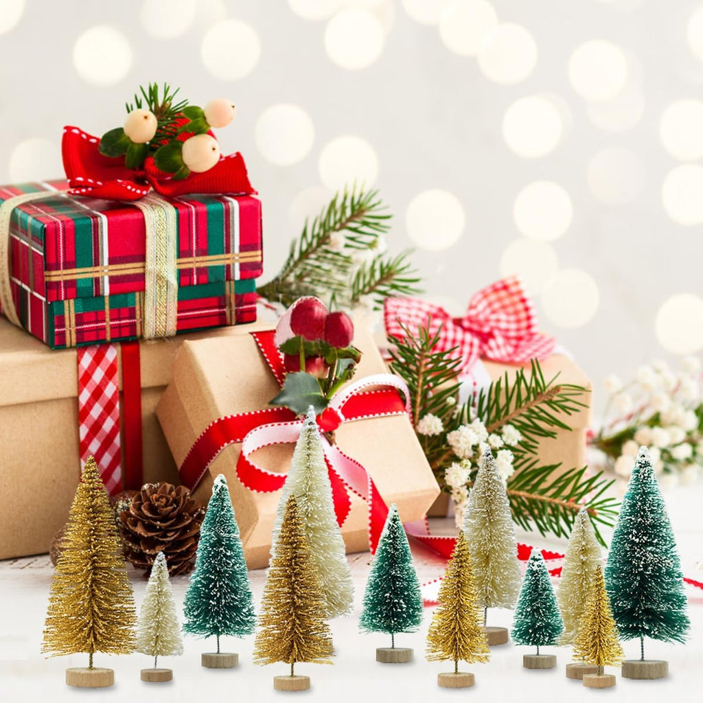 Assorted Frosted Bottle Brush Mini Trees Displayed with Festive Holiday Decor