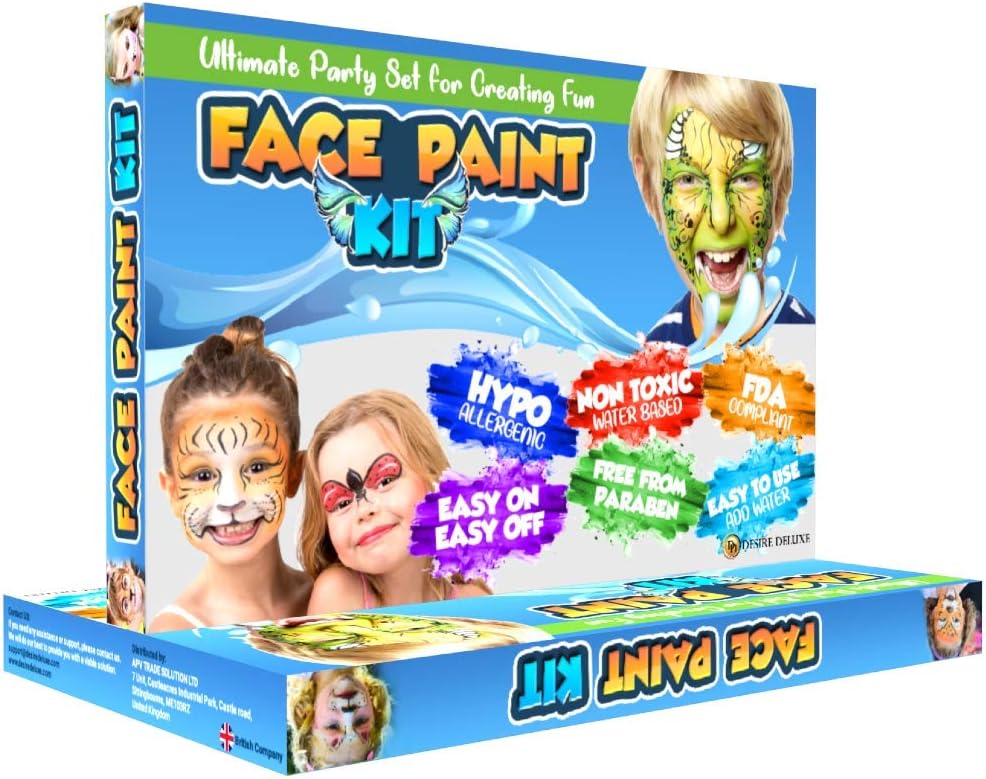 Non-toxic hypoallergenic kids face paint kit packaging box showing safety certifications