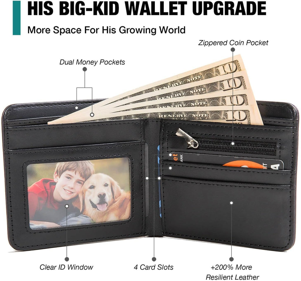 Interior layout showing 4 card slots, ID window, coin zip pocket, and cash slots