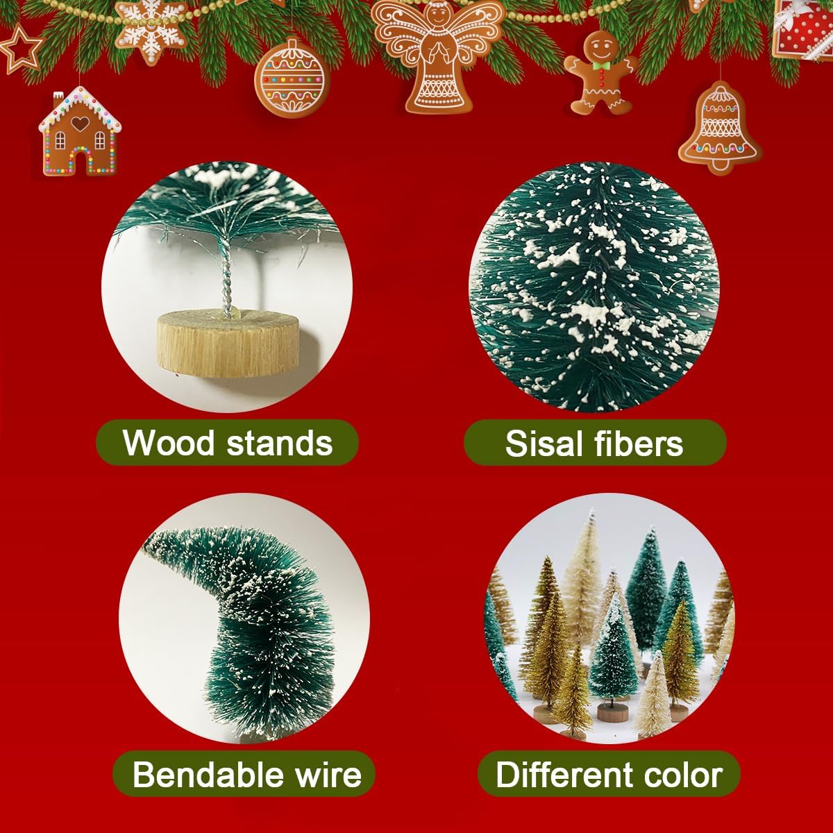 Snow Frosted Miniature Christmas Trees Feature Breakdown with Wooden Stands and Flexible Wire