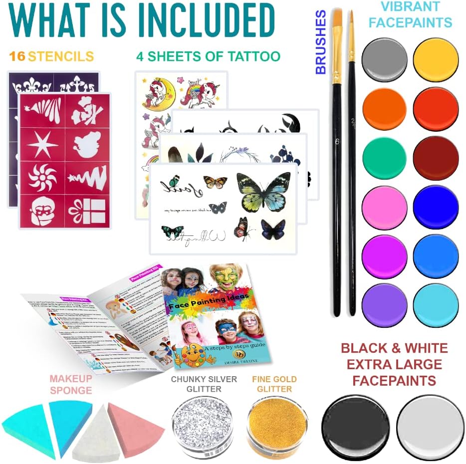 16-colour face painting kit flat lay showing paints, stencils, glitter pots, and tattoos
