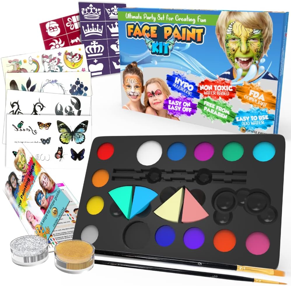 Deluxe kids face painting kit with 16 colours, stencils, glitter, and brushes
