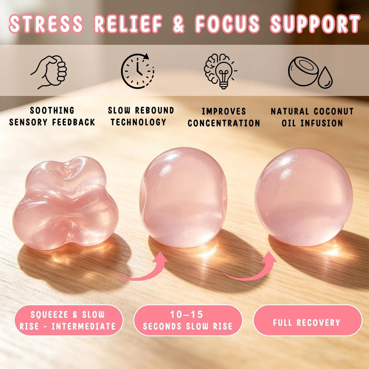 Slow rebound transformation stages of the coconut oil squishy stress ball