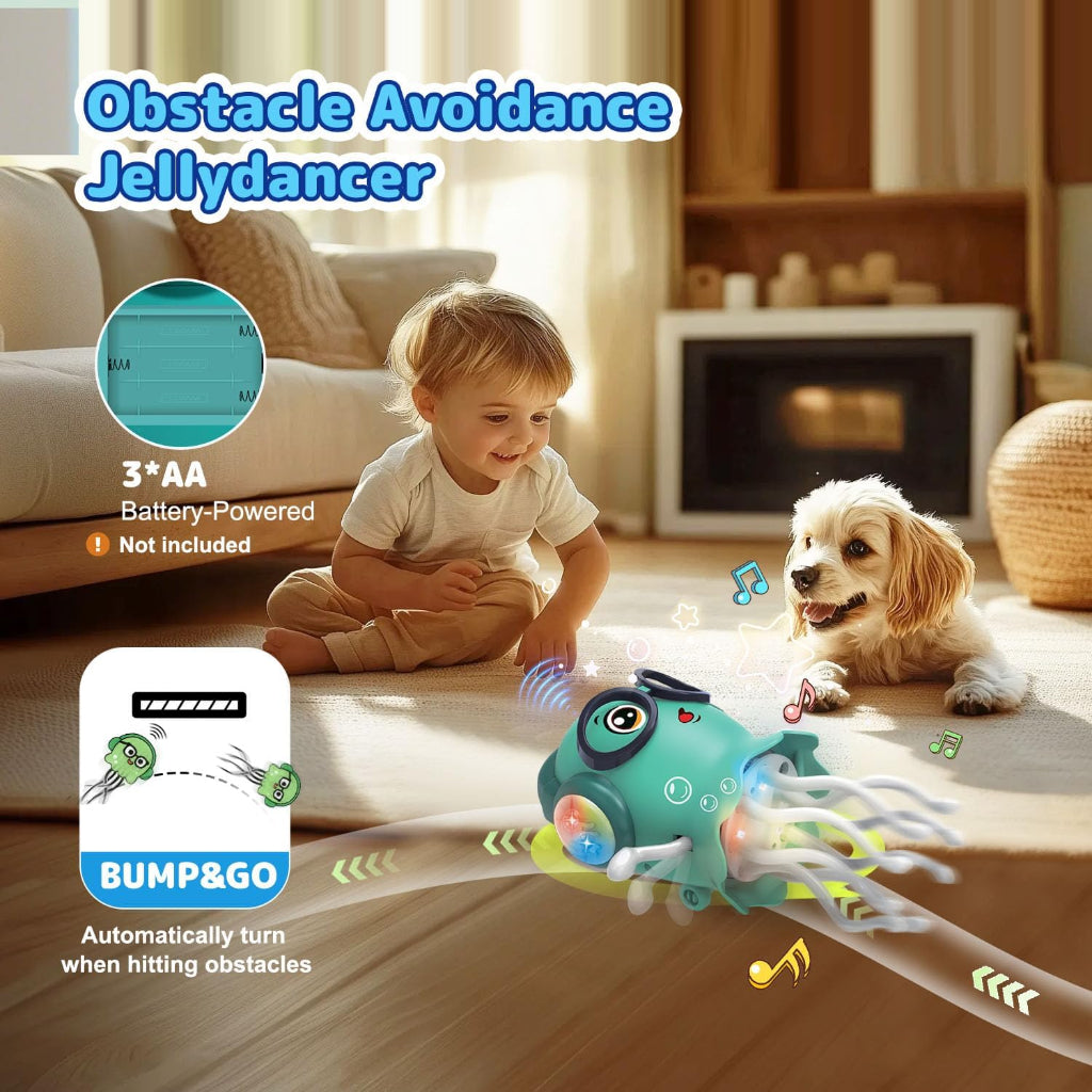Dancing Jellyfish Baby Toy in mint green moving across carpet with Bump and Go obstacle avoidance