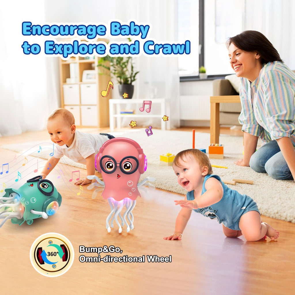 Dancing Jellyfish baby toys in mint green and pink on wooden floor with LED lights