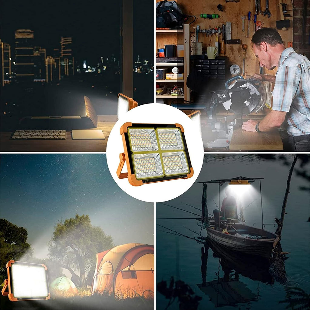 Portable Solar Flood Light in Workshop, Camping, and Night Settings