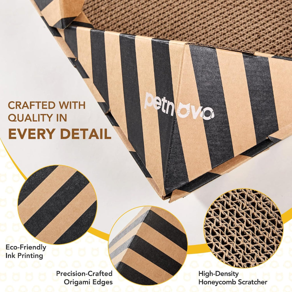 A petnovo cardboard cat scratcher with a brown and black striped pattern, shown with three circular detail callouts highlighting the eco-friendly ink printing, precision origami edges, and high-density honeycomb scratcher texture.