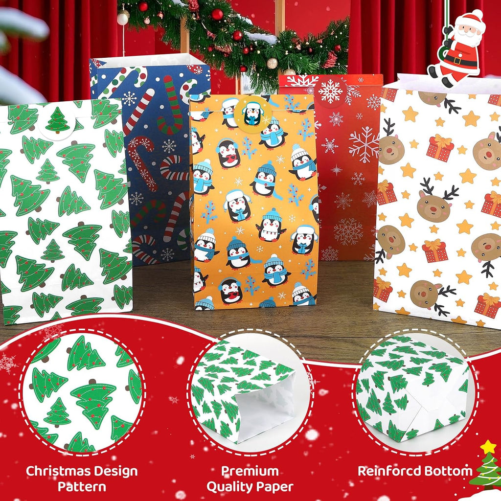 Assorted festive holiday paper goodie bags with flat stand-up bottoms