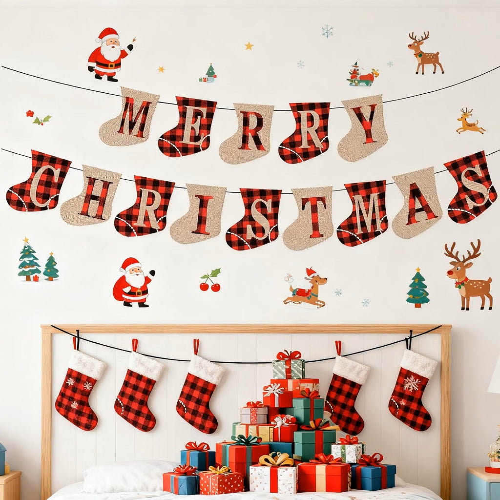 Merry Christmas burlap banner bedroom wall and headboard decor