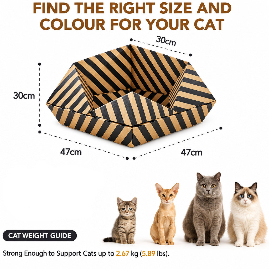 A product infographic for a foldable cat bed. The main subject is a geometric cat bed with a black and tan striped pattern, shown with dimension lines indicating 30cm height, 30cm top width, and 47cm base width/depth.