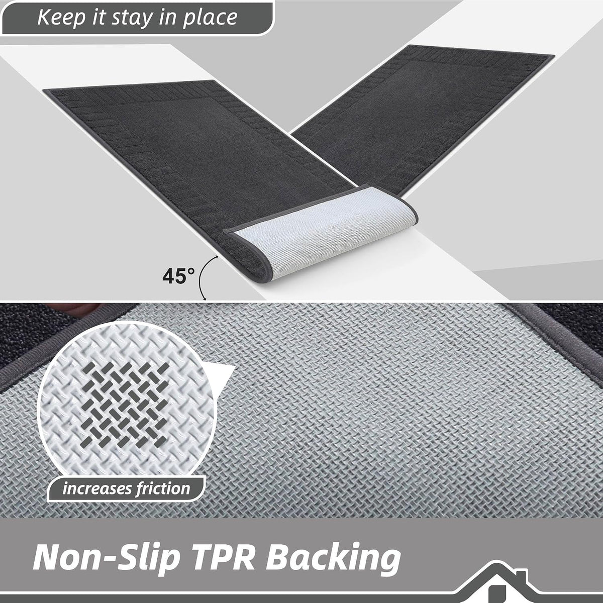 Non-slip TPR rubber backing detail on black indoor door mat