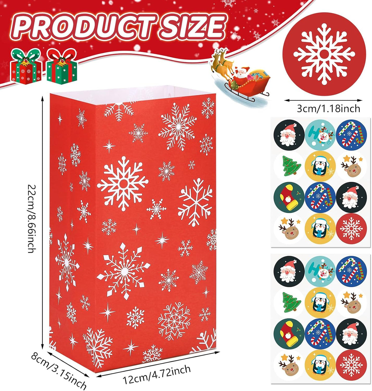 Christmas kraft treat bag dimensions 22x12x8cm and 3cm sealing stickers