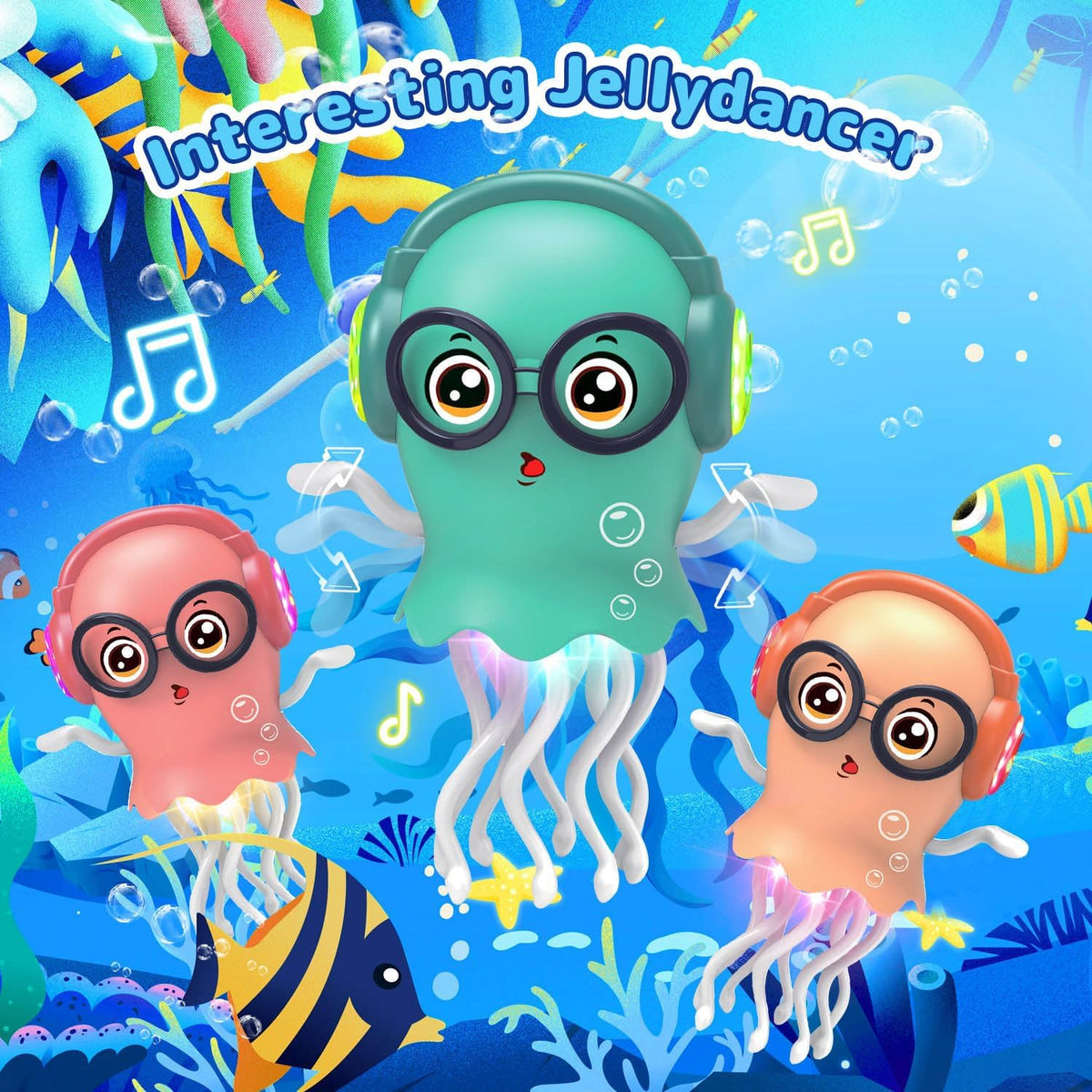 Three Dancing Jellyfish sensory toys in mint green, pink, and peach in underwater theme