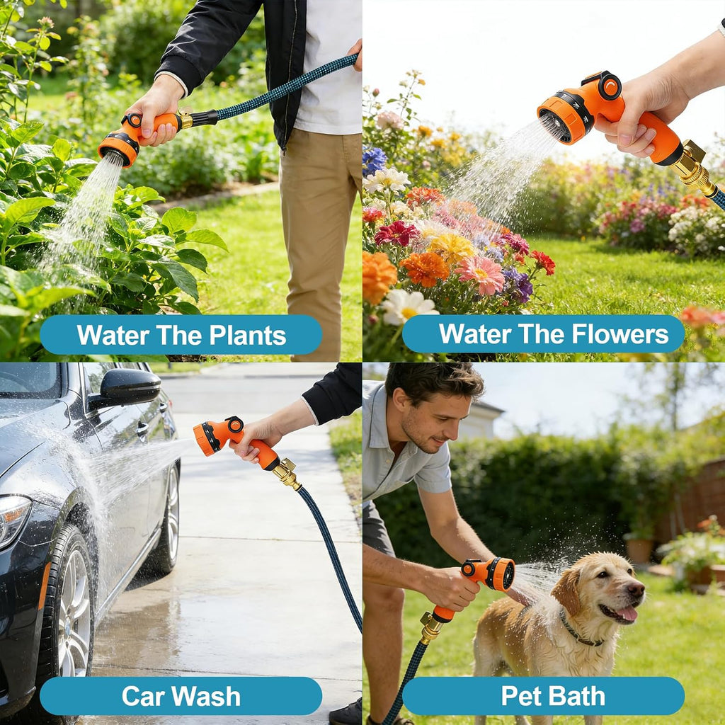 Expandable Garden Hose in outdoor use for watering lawn, washing car, and rinsing patio