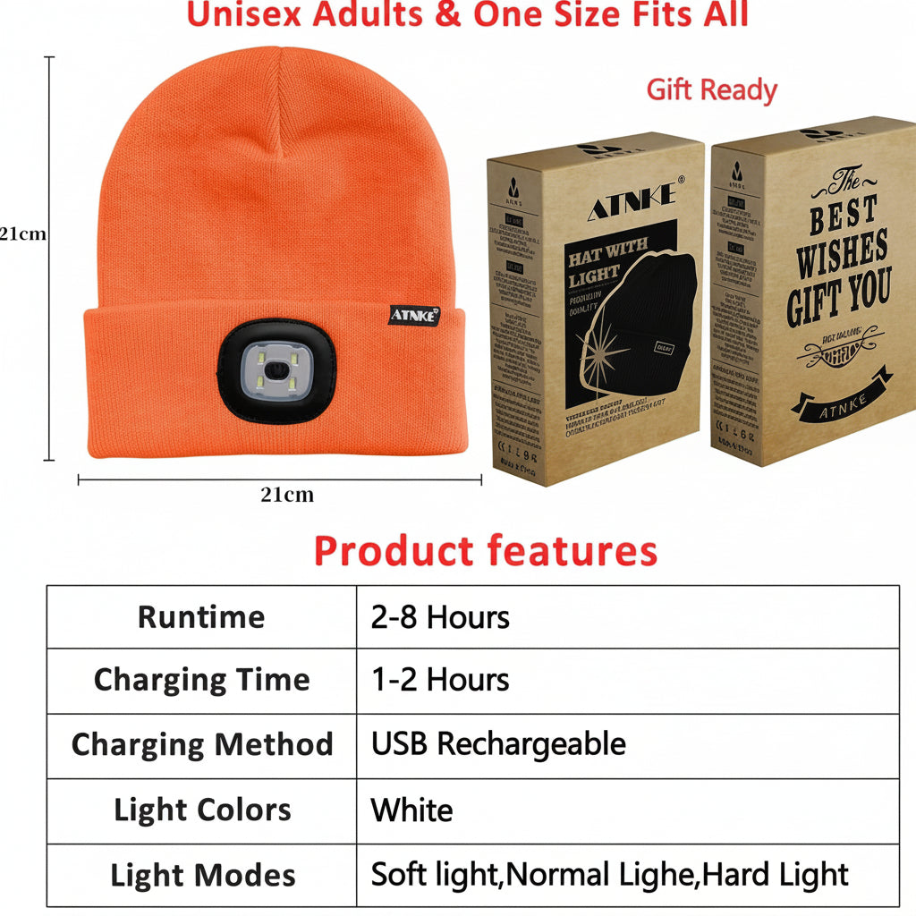 Warm LED lighted beanie cap packaging and technical specifications