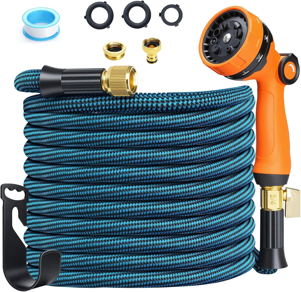 Expandable Garden Hose set with 10-pattern nozzle, brass connectors, wall hanger, and seal tape