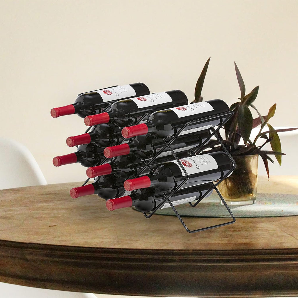 Lifestyle kitchen countertop display of black metal tabletop wine rack