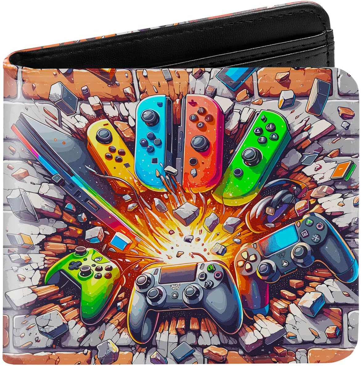 Boys gaming bifold wallet with colorful video game controller burst print