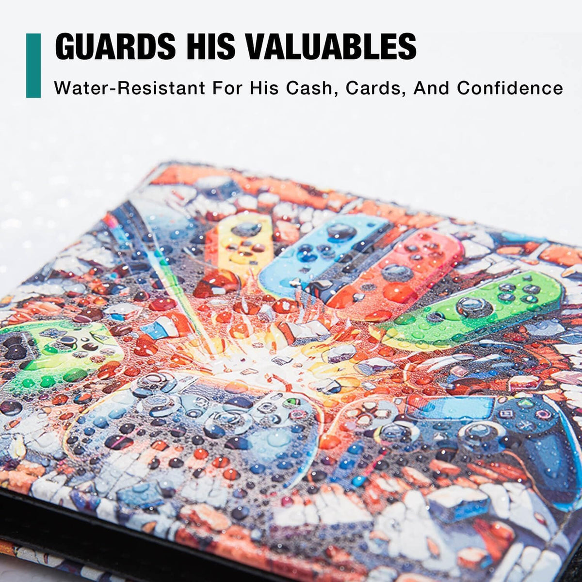 Close-up of water-resistant gamer print finish with water droplets