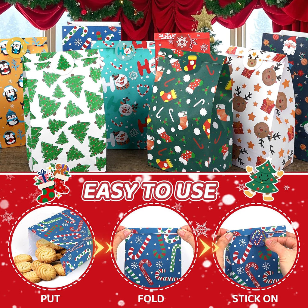 Three-step easy filling and sticker sealing guide for Christmas treat bags