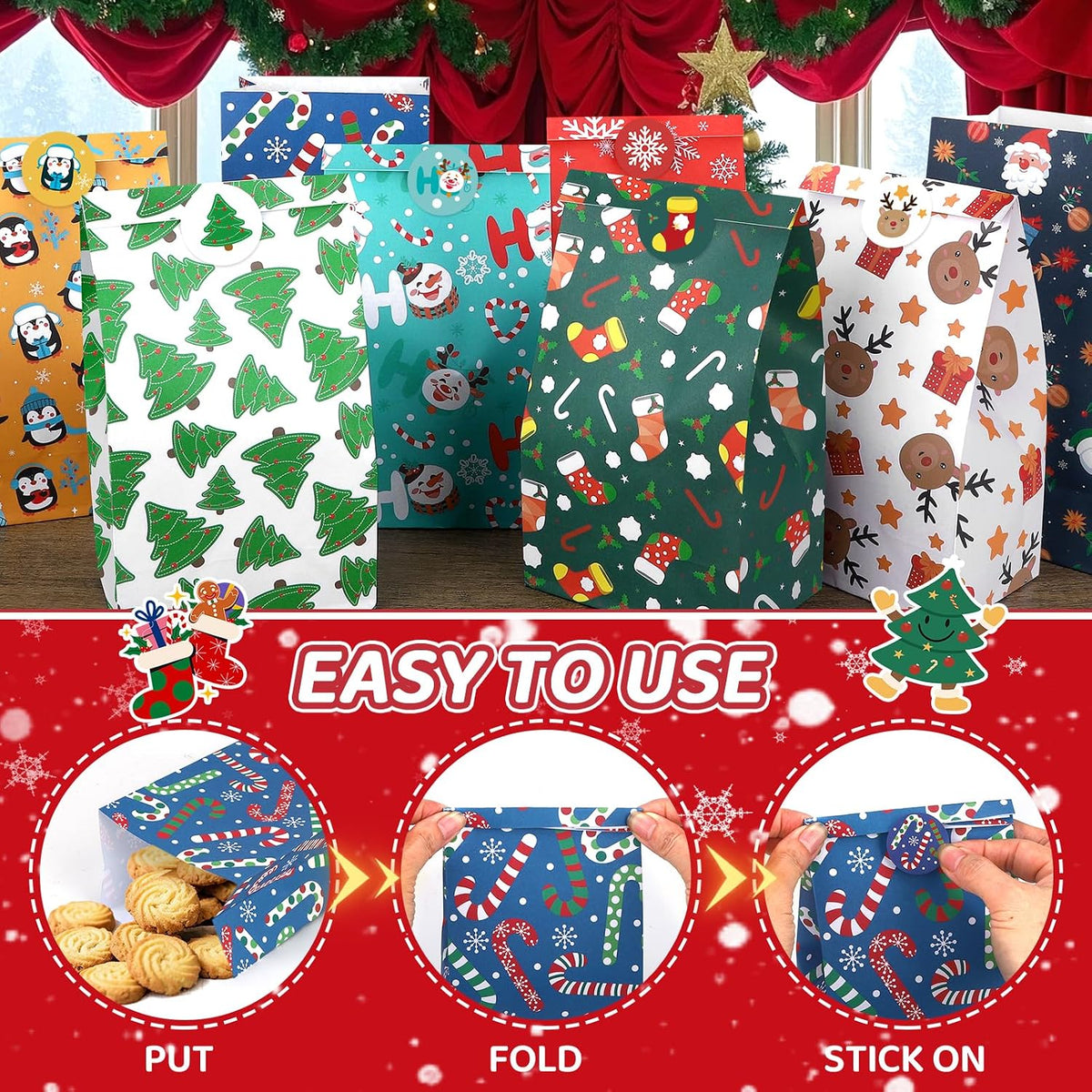 Three-step easy filling and sticker sealing guide for Christmas treat bags