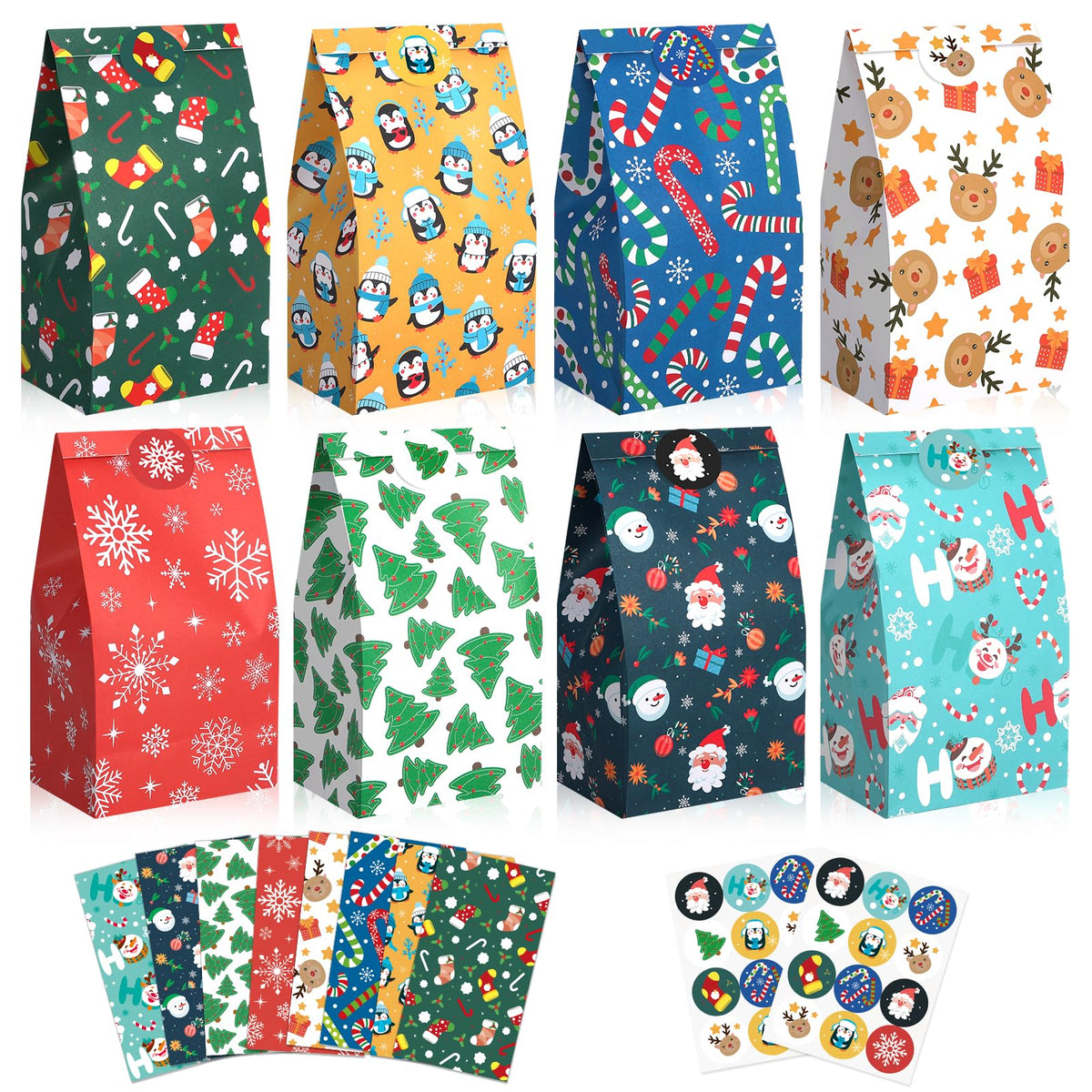24-pack Christmas paper gift bags set with 8 festive designs and matching stickers