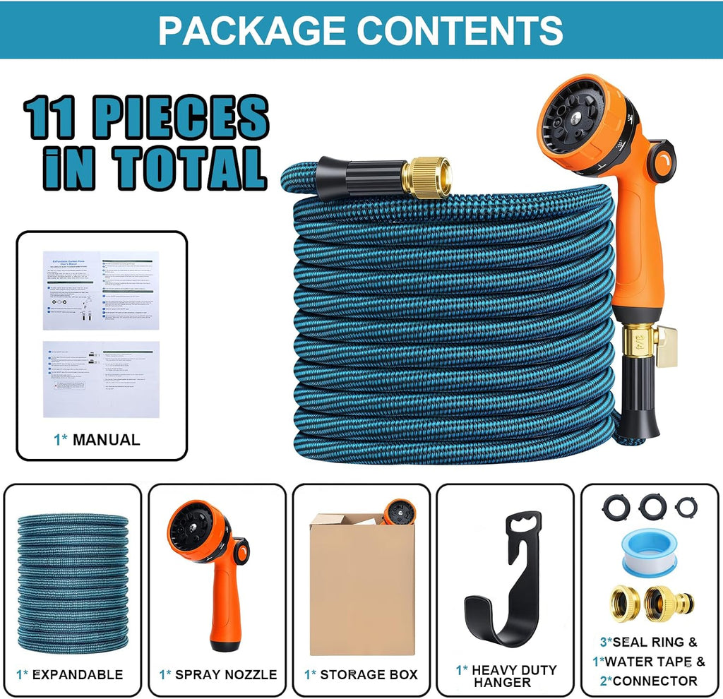 Expandable Garden Hose complete kit including storage hanger, brass fittings, tape, and nozzle