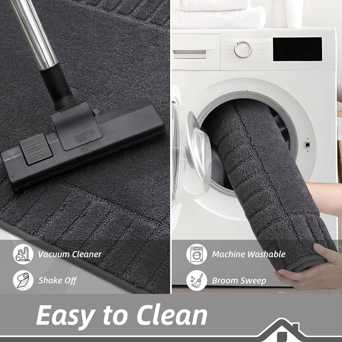 Easy-to-clean indoor door mat showing vacuuming and machine wash options