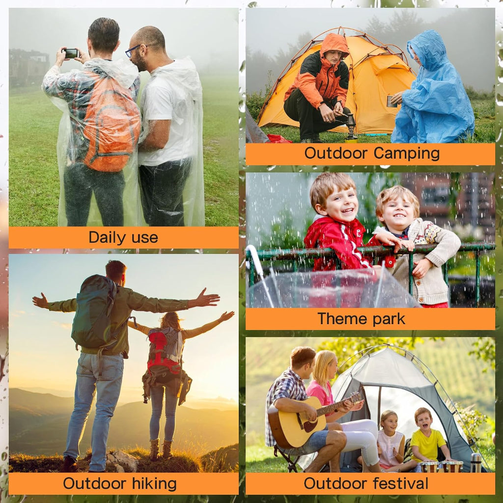 Clear emergency rain ponchos worn at outdoor festivals, hiking, and camping