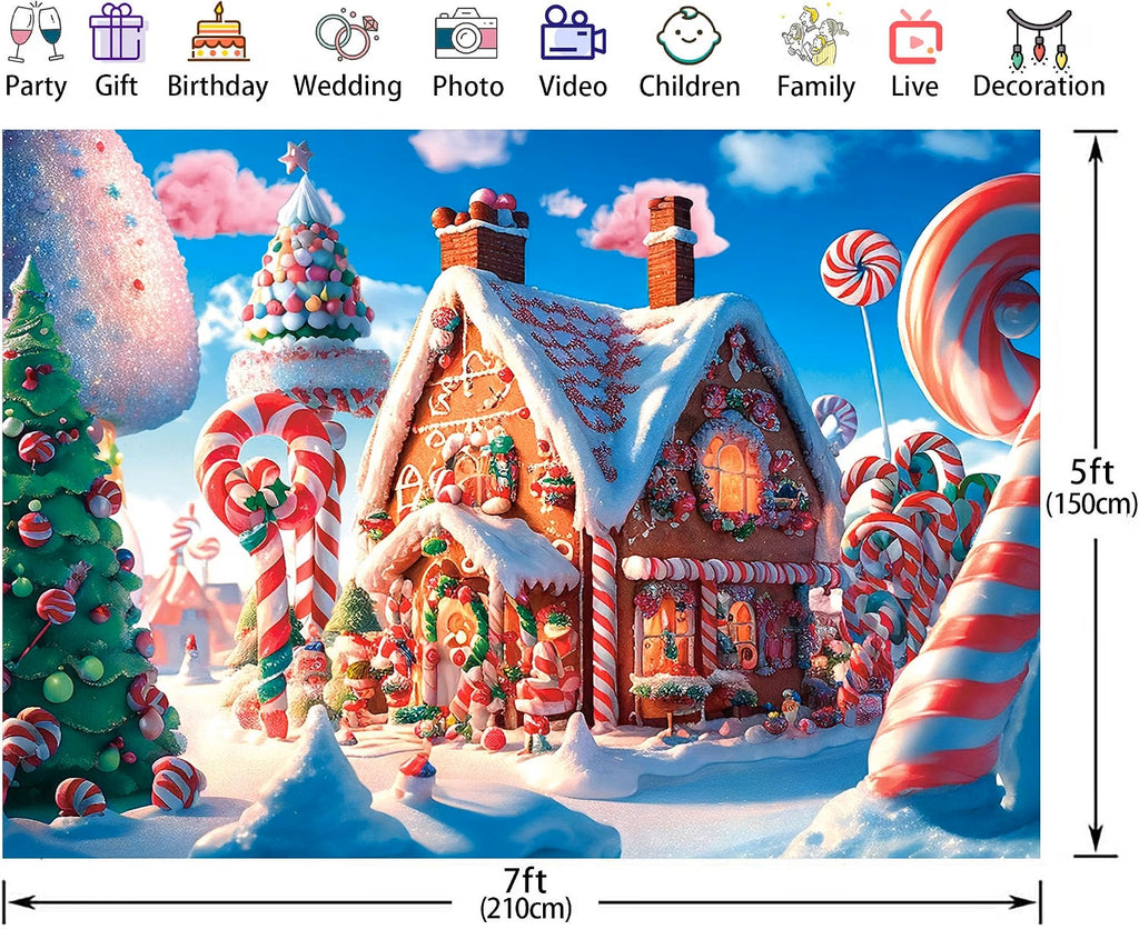 7x5FT Christmas Candy Town Backdrop cartoon gingerbread wonderland full view