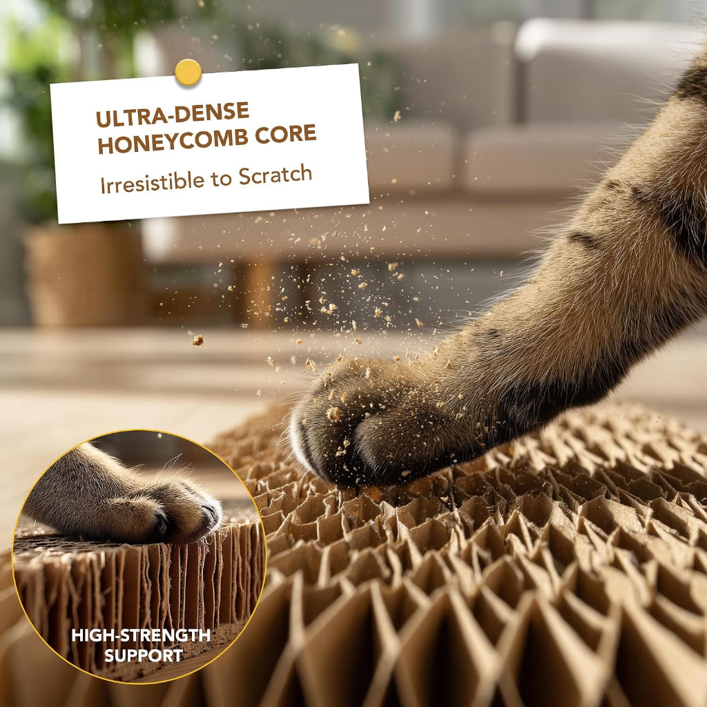 Cat paw interacting with a cardboard product, highlighting its ultra-dense honeycomb core and high-strength support.