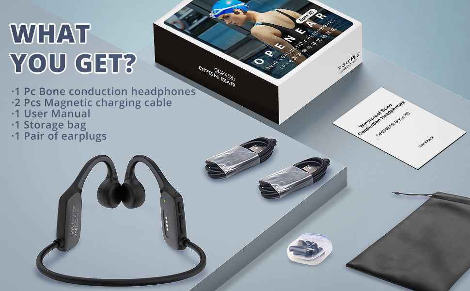 Ifecco Bone X5 headphones with charging cables, manual, earplugs, and storage bag accessories