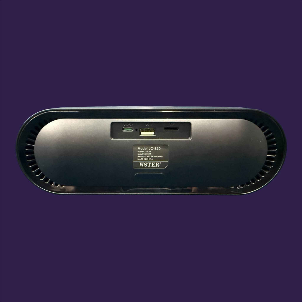 Rear interface panel of WSTER JC-820 wireless speaker showing ports and model label