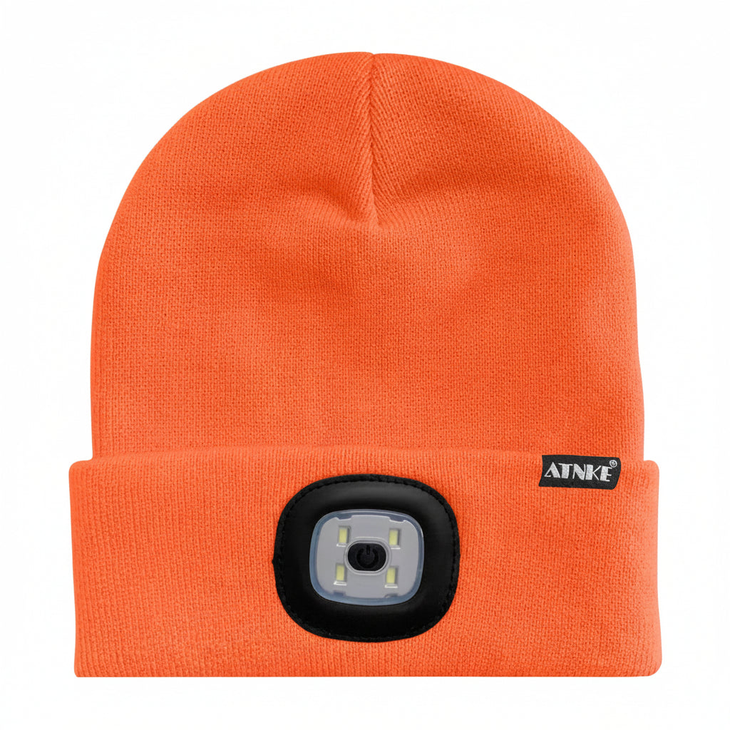 Warm LED lighted beanie cap front view with 4-LED headlamp module