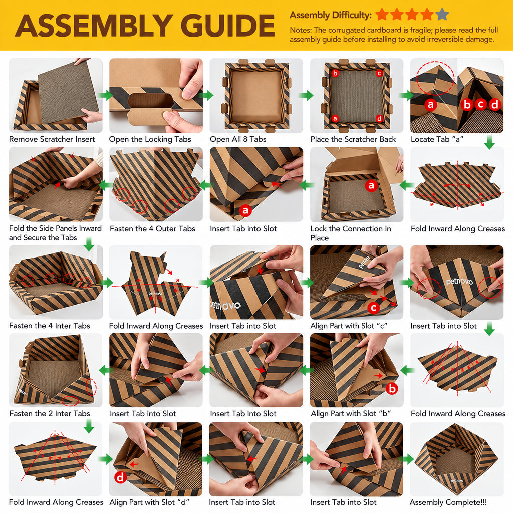 An assembly guide diagram showing 16 numbered steps with photos of a cardboard box being opened, folded, and secured. The guide includes text labels, arrows, and a difficulty rating at the top on a white background with a yellow header.