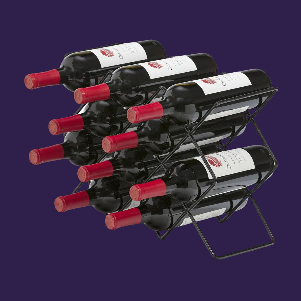 Front view of black metal countertop wine rack with bottles stored