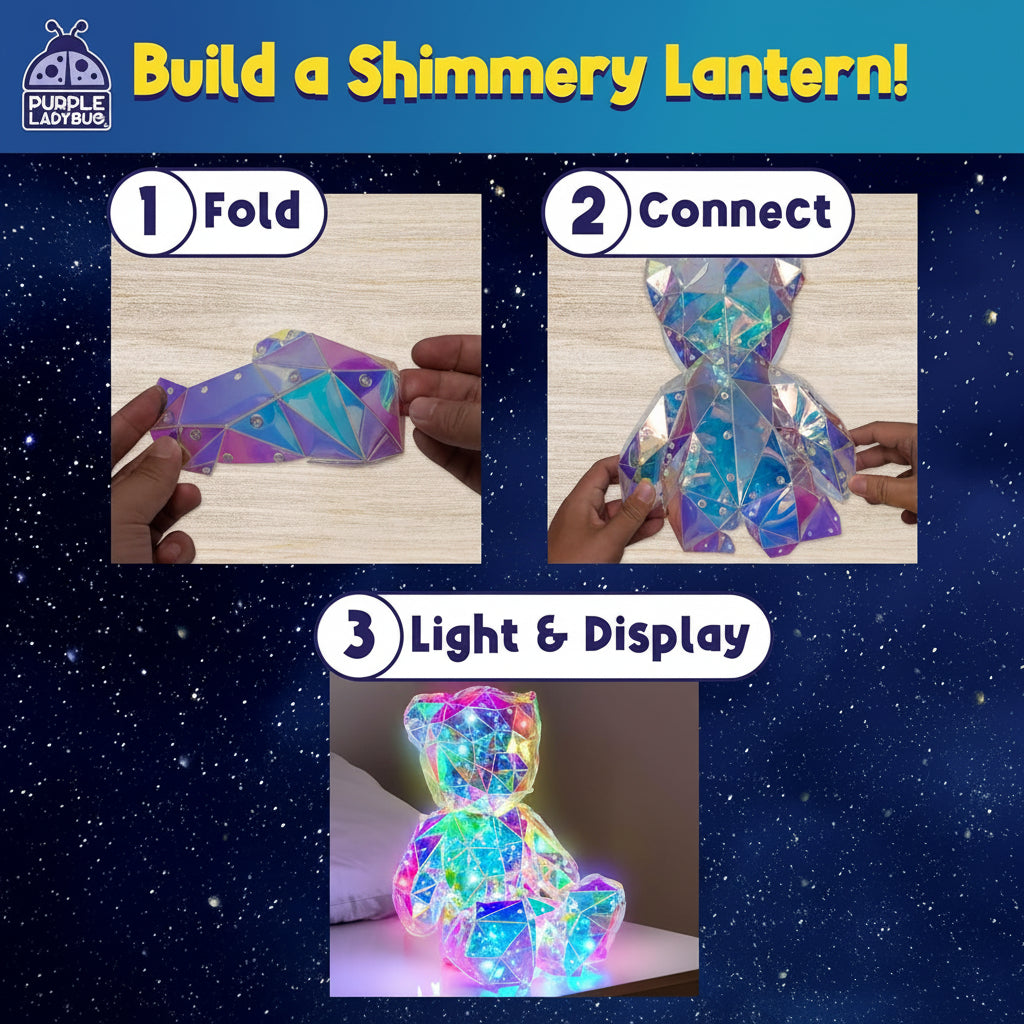 Step-by-step instructions showing how to fold, connect, and display the Prismic Bear Lantern
