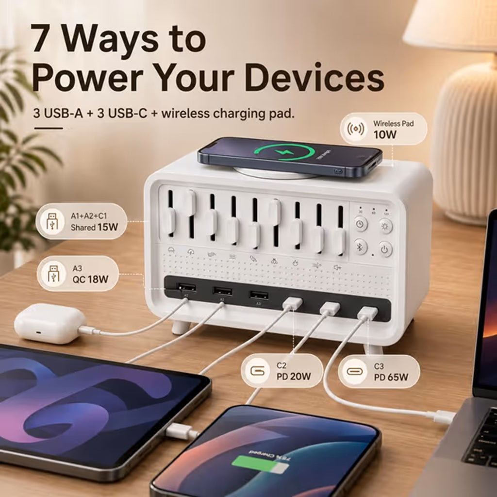 Retro White Noise Sound Machine and USB-C Hub on desk