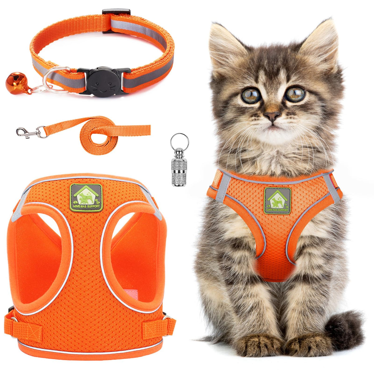 Pet Harness and Lead Set - Orange Set with Collar and Leash